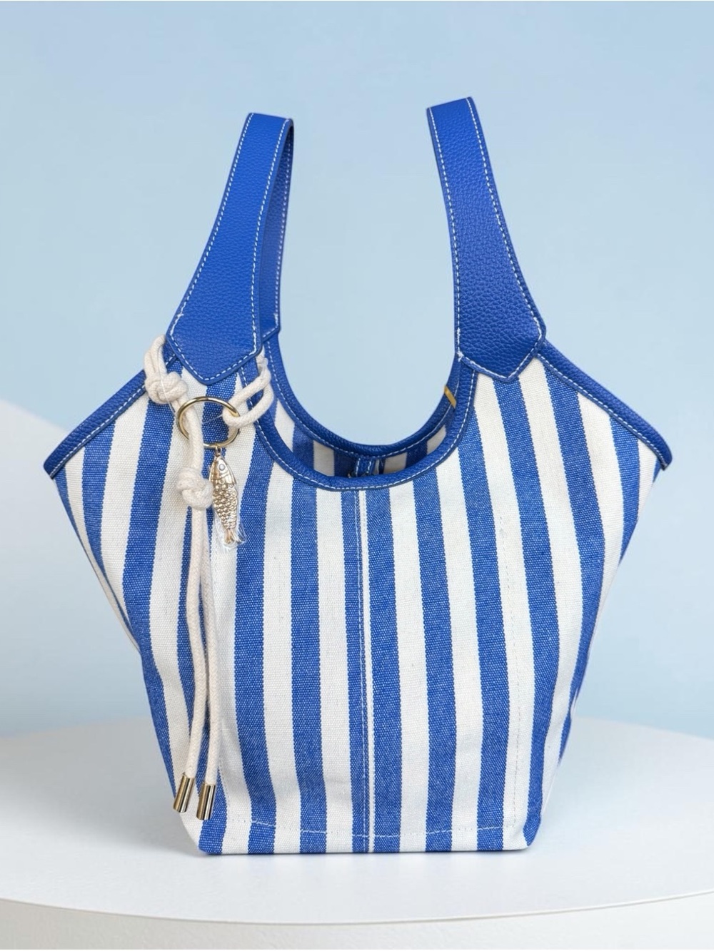 House of Harlow 1960 | Blue White Striped Tote Bag with Fish Rope Coastal Summer
